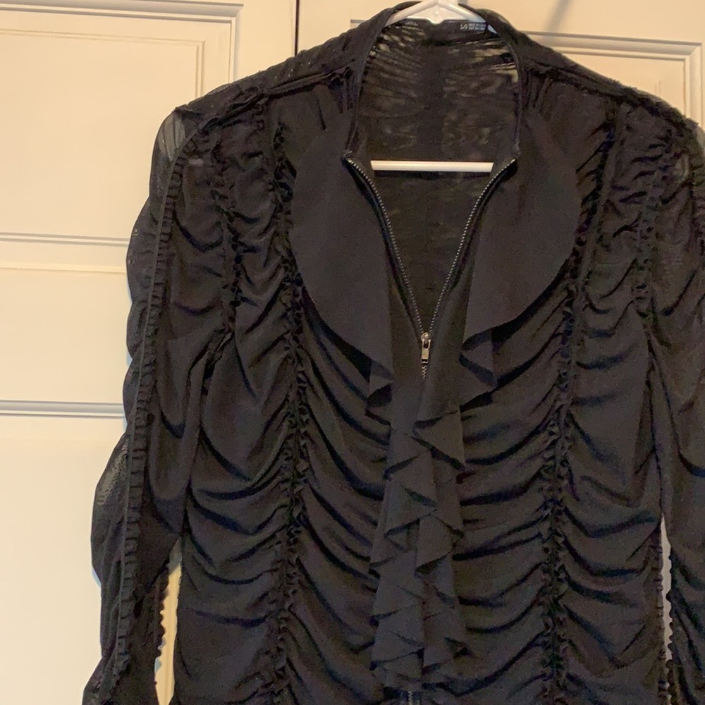 172 Grams Black Ruched Top sz L slinky sheer nylon stretch 2 way zip 3/4 sleeve